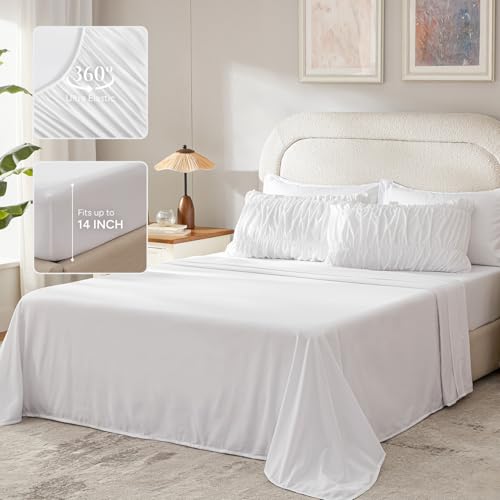 Image of Andency Ruched Oversized Queen Comforter Set White, 7 Pieces Ruffle Bed in a Bag, Shabby Chic Pleat Bedding Set with Comforter, Sheets, Pillowcase & Sham, Lightweight, Soft, All Season