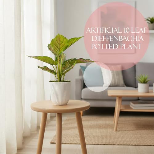 Image of KARP Artificial Potted Plants, 26Cm Height Mini Faux 10-Leaf Dieffenbachia Plant with White Pot Home Decor, Indoor Artificial Ornamental Plants for Living Room, Office Desk & Bathroom, Decorative