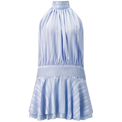 Image of Women's 2026 Summer Halter Dress Sleeveless Open Back Ruffle Tiered Layered Chiffon Pleated A Line Swing Mini Dress