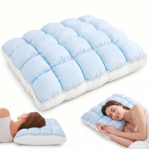 KITVEAURA Mellow Puff Cooling Pillow for Sleeping Fluffy Cloud Pillow with Cooling Ice Silk Cover Quilted Grid Pillow for Side & Back Sleepers Soft Support Machine Washable Standard(Baby Blue)