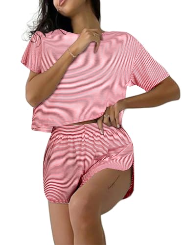 Image of Remidoo Women's Pajamas Set Striped Tee Shirts and Shorts Side Slit Crewneck Loungewear Red XX-Large