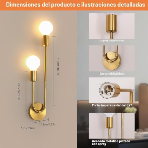 Apliques de pared interior E27 con 2 luces doradas Comely y brazo ajustable 3