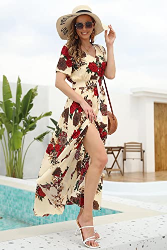 Image of VintageClothing Women's Floral Maxi Dresses Boho Button Up Split Summer Casual Long Dress Beach Party Dress