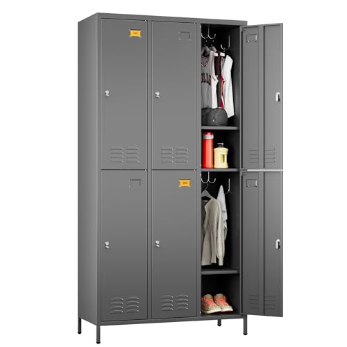 Image of SUPEER 6 Door Metal Storage Locker for Employees, Heavy Duty Steel School Locker with Adjustable Shelves and 18 Hooks,Metal Lockers for Office, Gym, Home Garage, 72 inch H x 35.4 inch W x 15.75 inch D,Dark Grey