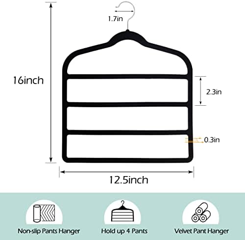 Velvet Trouser Hanger Space Saving Non-Slip Pants Hanger - Jeowoqao 3 Pack Jeans Hangers Multi Bar Velvet Clothes Hanger Closet Storage Organizer for Trousers Scarf Belts Ties Towel (Black)