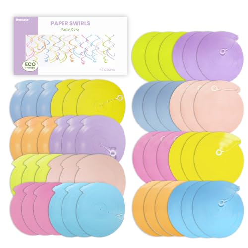 Image of HonuGoGo 48PCS Pastel Paper Swirl Decorations Hanging Ceiling Streamers for Birthday, Spring, Bridal, Gender Reveal, Wedding, or Everyday Party Decor