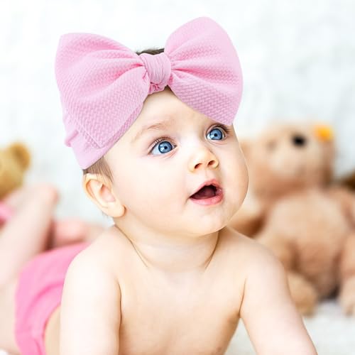 YanJie 3PCS 7'' Big Bows Baby Girls Headbands Soft Stretchy Newborn Bows Infant Baby Hair Bows Toddler Headwrap Hair Accessories Khaki Beige Light Pink2