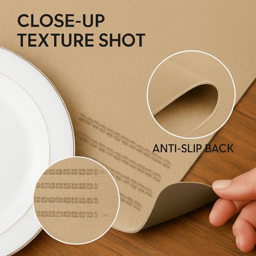 Image of YELONA Leather Dining Table Placemats Set of 2 - Waterproof, Heat Resistant, Anti-Slip, Easy to Clean Table Mats for Dining Table, Kitchen & Home Decor (Tan Beige, 40 x 30 cm)