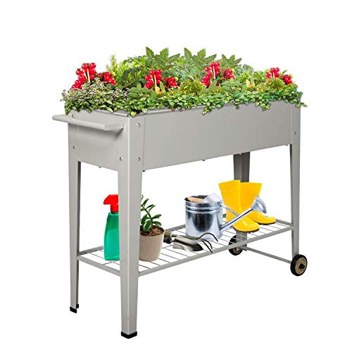 Kintness Raised Planter Box with Legs Metal Outdoor Elevated Garden Bed for Backyard Patio w/Wheels Storage Shelf