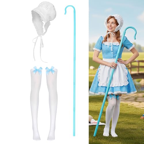 TUVWYSZ Adult Shepherdess Costume Set with Bonnet White Stockings With Blue Bow Shepherds Crook