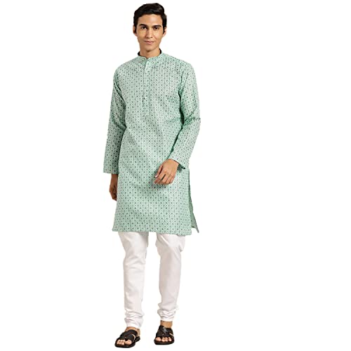 Image of SOJANYA (Since 1958 Men's Cotton Linen Blue Foil Printed Kurta and White Pyjama Set