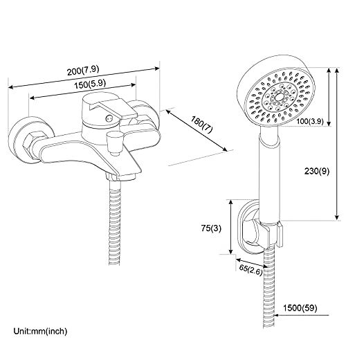 Badewannenarmatur mit Handbrause mit 5 Funktionen, BONADE Chrom Wannenarmatur Badewanne Wasserhahn inkl. Wandhalterung und 150 cm Brauseschlauch für Badezimmer Dusche - Image 3