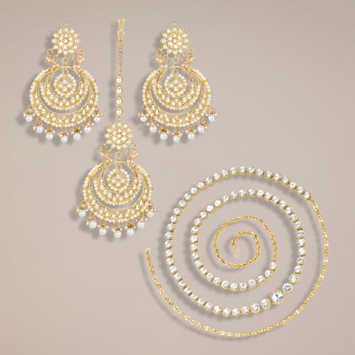 Image of Peora Traditional Jewellery Rhodium Kundan & Pearl Maang Tikka Earring Set for Women Girls