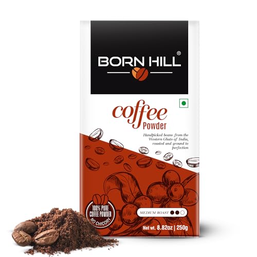 Image of BORN HILL Coffee Powder 250G | Aromatic & Strong Filter Coffee Blend | Perfect For Moka Pots And Coffee Machines | Freshly Roasted & Ground | Medium Roast | 0% Chicory, Packet
