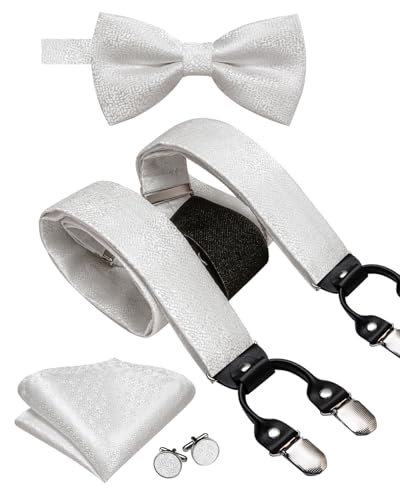Image of Dubulle Suspender and Bow Tie for Men Paisley Solid Mens Suit Braces Pretied Bowtie and Handkerchief Cufflinks Formal Wedding