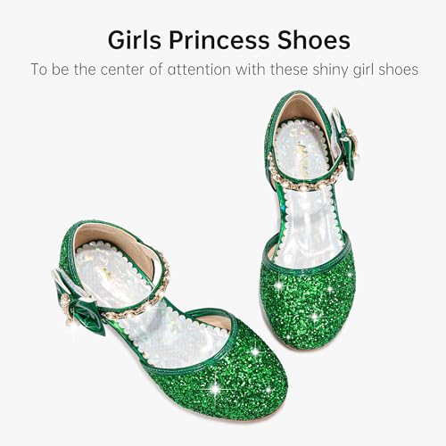 Image of Motasha Sparkly Girls Dress Shoes Kids High Heels Toddler to Big Kid | Glitter Closed Toe, Rhinestone Bow Straps, Hook-and-Loop Closure, Low Heel, Anti-Slip Outsole for Wedding Birthday Parties