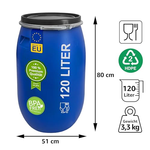 plasteo® 120 Liter Weithalsfass mit Deckel und Spannring Futtertonne Kunststofffass Universalfass Deckelfass Lebensmittelecht Wasserfass Regentonne Lagerfass | Stabile Griffmulden | Blau