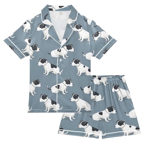 ALAZA Puppy Dog Blue Cartoon Pajamas Satin Pajama Set Short Sleeve Button Down Sleepwear