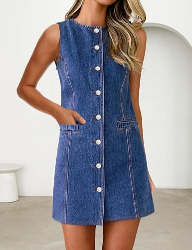 Women's Denim Dress Jean Sleeveless Button Down Shirt Mini Tank Casual Summer Dresses with Pocket 2025 Trendy Outfits3
