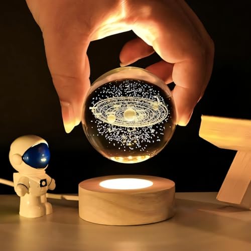Image of 3D Crystal Ball Night Light with Wooden Base, Aesthetic Clear LED Lamp for Home and Bedroom Touch Switch, Warm Light for Kids and Teens Perfect Birthday & Anniversary (Solar System)