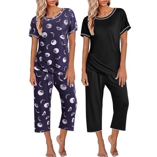Lot-De-2-Pjs-Pyjamas-Femmes-Tenue-De-Nuit-T-Shirt-Manche-Courte-Pantalon-34-Ensemble-De-Pyjama-Femme-Taille-48-Grande-Taille-Pas-Cher-Sleepwear-Printemps-Ete-Pyjama