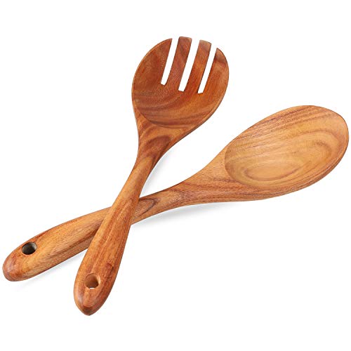 RASHDOM Salad Servers Set, 2 Pieces Wooden Salad Server, Salad Tongs, Wood Spoon and Fork with Long Handles, Salad Mixing Dinner Fork and Spoon for Serving Salad