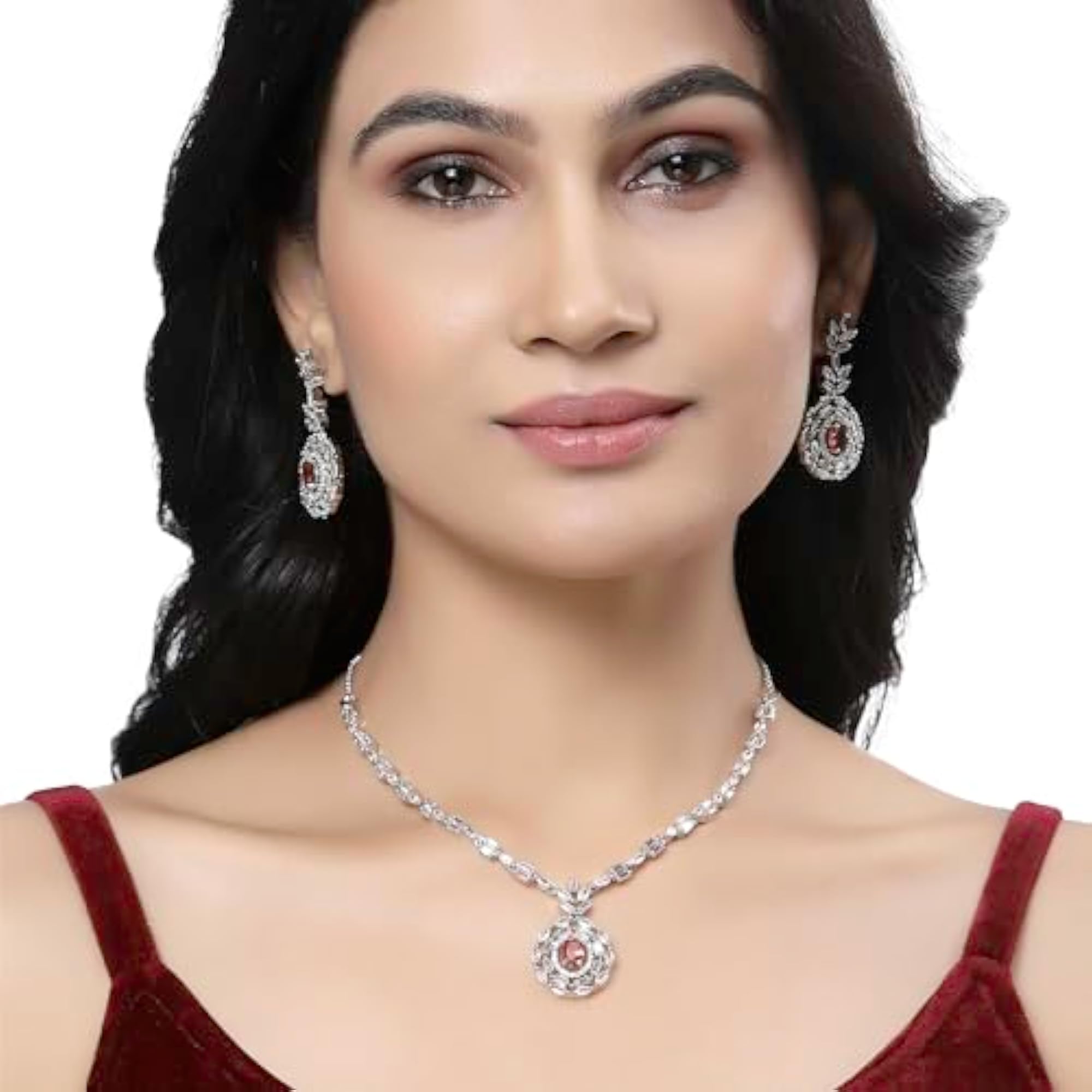 Rhodium-Plated American Diamond Necklace & Earring Set
