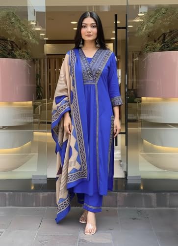 Image of ANNI Designer Women's Rayon Viscose Straight Printed Kurta with Pant & Dupatta Set | Ethnic 3-Piece Readymade Suit for Women | Elegant Festive & Office Wear Traditional Outfit