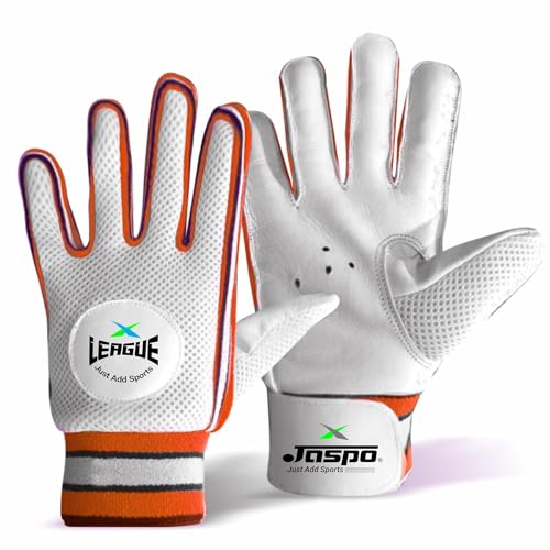 Image of jaspo League Cricket Batting Gloves-for Beginners: Leather Palm, Nylon Stitch, Air Vents with Elastic Towel Wrap for Adult /Senior Color (White Orange)-Recommended for Soft Ball only