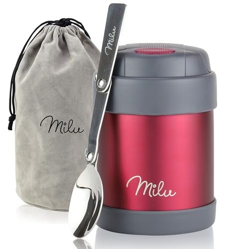 Milu Food Flask for Hot Food Kids - 300ml Leakproof Insulated Stainless Steel Thermal Lunch Box, Soup Container with Spoon, BPA-Free, To go Meal Prep, Porridge (Berry, 300ml)