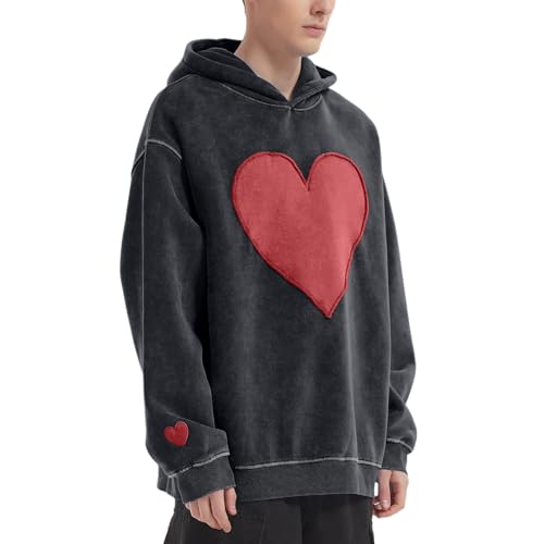 FAIABLE Mens Oversized Hoodie Heart Patch Couples Hoodies Sweatshirts Heavyweight Vintage Fleece Hoodies for Men 20253