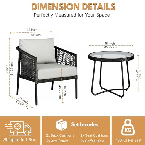 Image of DEVOKO Furniture 3-Piece Patio Set Elegant Black Wicker Design and Gray Cushions for Comfortable Outdoor Living