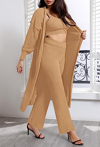 Image of Fixmatti Women's Fuzzy 3 Piece Sweatsuit Open Front Cardigan Crop Tank Tops Wide Legs Pants Lounge Sets