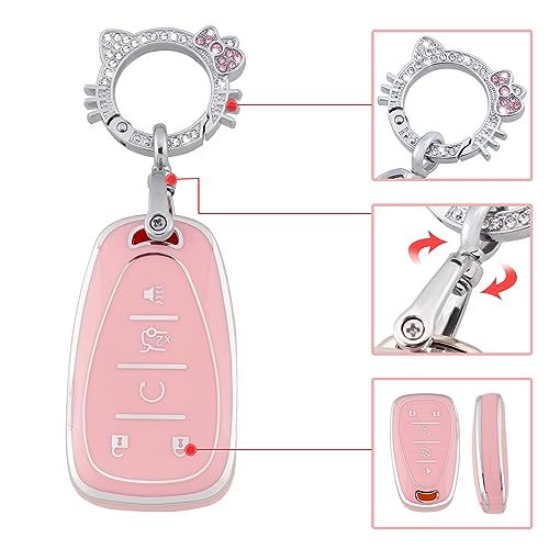 Image of Pangpai Pink Key Fob Cover for Chevy, Soft TPU Key Case Protection with Bling Keychain Fit for Chevrolet Equinox Malibu Camaro Traverse