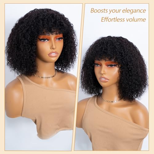 JOEDIR HAIR Human Hair Wig Afro Kinky Curly Fluffy Wig for Black Women Wear and Go Wig with Bangs Glueless Wigs 250% Density (Natural, 10 inch) — view 4