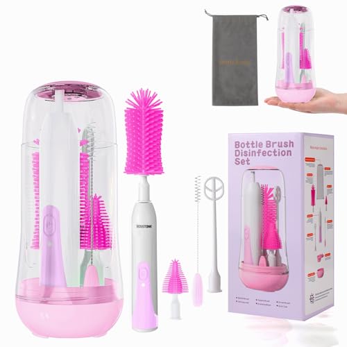 Image of Electric Bottle Brush Cleaner, Travel Baby Bottle Silicone Brush, Rechargable Baby Bottle Cleaner Set (4PCS), Bottle Brush, Nipple Brush, Straw Brush and Mixing Head (Pink)