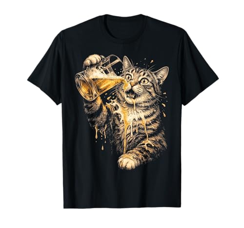 Messy Beer Drinking Cat Splash Funny Meme Cat Lover T-Shirt