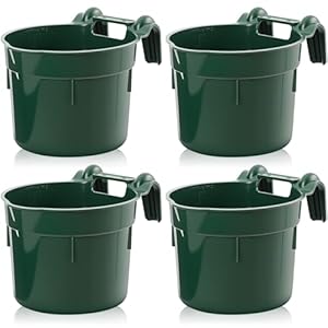 4 Pcs 8.5 Quart Hook Over Hanging Horse Feeder Plastic Fence Feed Bucket for Stall Mountable Hanging Feed Pail Storage Bins for Horses Goats Livestock Animals