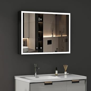 LED Mirror Cabinet with Lighting 60 x 80 x 13.5 cm Bathroom Cabinet Metal Bathroom Cabinet Medicine Cabinet Mirror Cabinet with 3 Colours Dimmable Anti-Fog 2 Glass Shelves