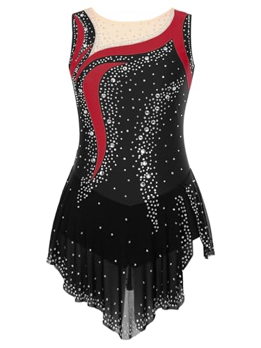 Sinleey Femme Robe Patinage Artistique Strass Justaucorps Gymnastique Tenue Danse sur Glace Noir L