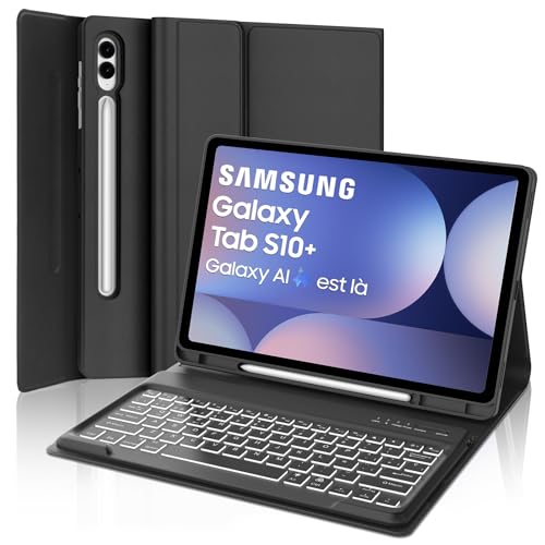 Teclado para Samsung Galaxy Tab S10 Plus 2024, Funda con Teclado para Samsung S9/S9FE Plus, España Ñ Bluetooth Retroiluminado Desmontable Keyboard Galaxy Tab S10+/S9+/S9FE+ 12.4 Pulgadas, Negro