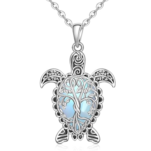 Fenthring Sea Turtle Necklace Moonstone Tree of Life Turtle Necklace for Women Sterling Silver Hawaii Pendant Jewelry Birthday Mothers Day Gift