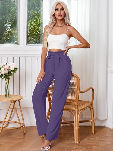 Heymoments Women's Wide Leg Pants with Pockets Deep Purple X-Large Lightweight High Waisted Tie Knot Paperbag Dressy Palazzo Loose Paper Bag Comfy Business Casual Work Flowy Trousers — view 4