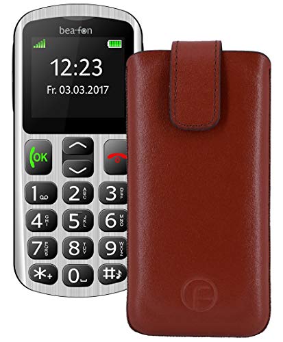 Favory Tasche Etui kompatibel mit beafon SL250 Hülle aus echtes Leder Schutzhülle (Lasche mit Rückzugfunktion) in braun