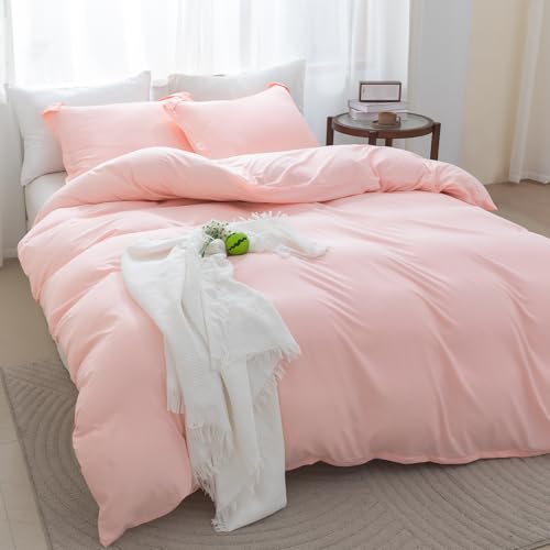 Image of SheRest Pink Duvet Cover Twin Size - Soft Brushed Microfiber, 1 Duvet Cover 68x90 Inches with Zipper Closure 8 Ties & 1 Pillow Sham, Breathable Bedding Set for All Season (No Comforter)