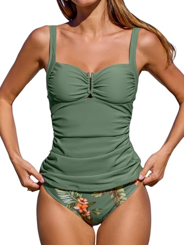 CUPSHE Women's Tankini Sets Two Piece Swimsuit High Waisted Sweetheart Neck Front U Cutout Adjustable Straps