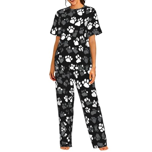 Ensemble pyjama doux noir et blanc imprimé pattes femmes