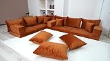 Velvet Amber Color L Shaped Floor Seating, Sectional Sofas, Moroccan Livingroom Home Decor, Arabic S