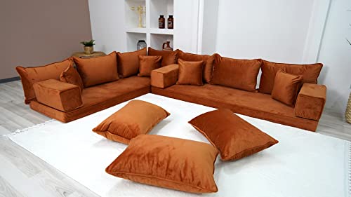 Velvet Amber Color L Shaped Floor Seating, Sectional Sofas, Moroccan Livingroom Home Decor, Arabic Sofa Set, Sofa Bed, Velvet Floor Couch, Ektorp Sofa Cover (L Sofa + Pillows) #TOP18