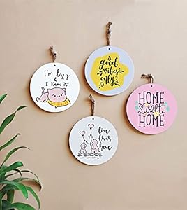 VVWV Cute Home Quotes Wall Hanging Round Shaped Home Decor Plates For Living Kids Bedroom Hall Entrance Office Mdf Wooden Organizer Items L X H 8.00 X 8.00 Inch 4 Pcs
